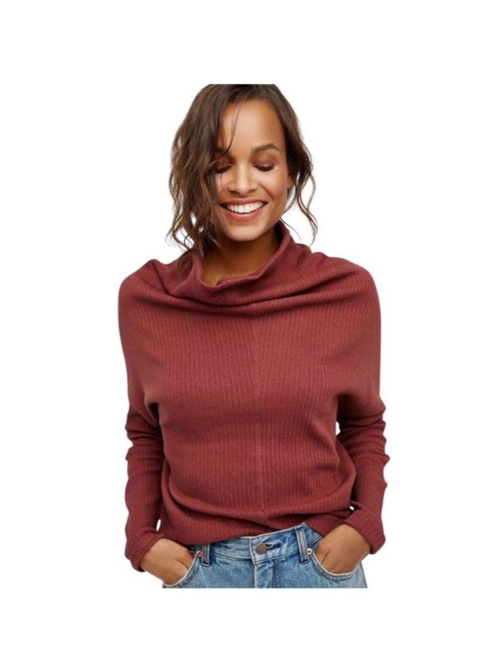 FREE PEOPLE BEACH Departures Funnel Neck Dolman Ribbed Pullover XS Brick Red